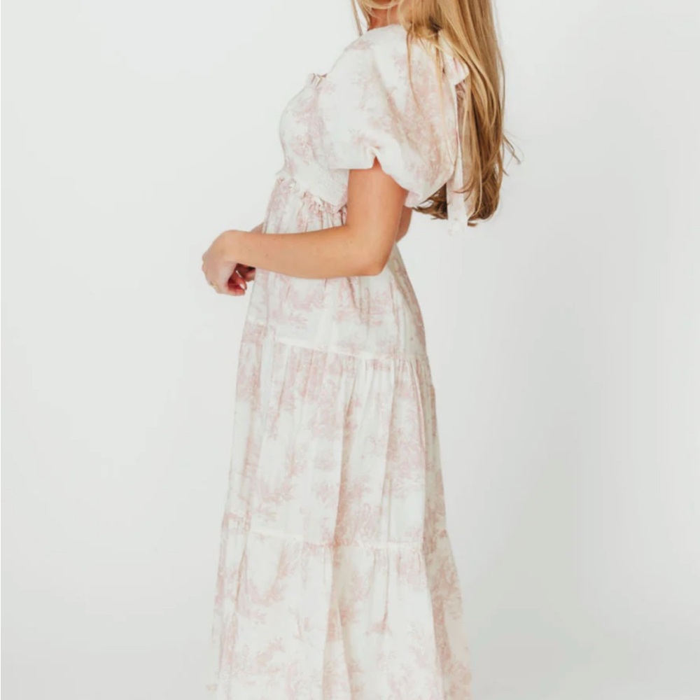 Elena 100% Cotton Toile Print Smocked Midi Dress in Pink - Bump Friendly